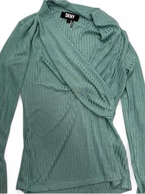 DKNY Mint Green Ribbed Wrap V-Neck Sweater